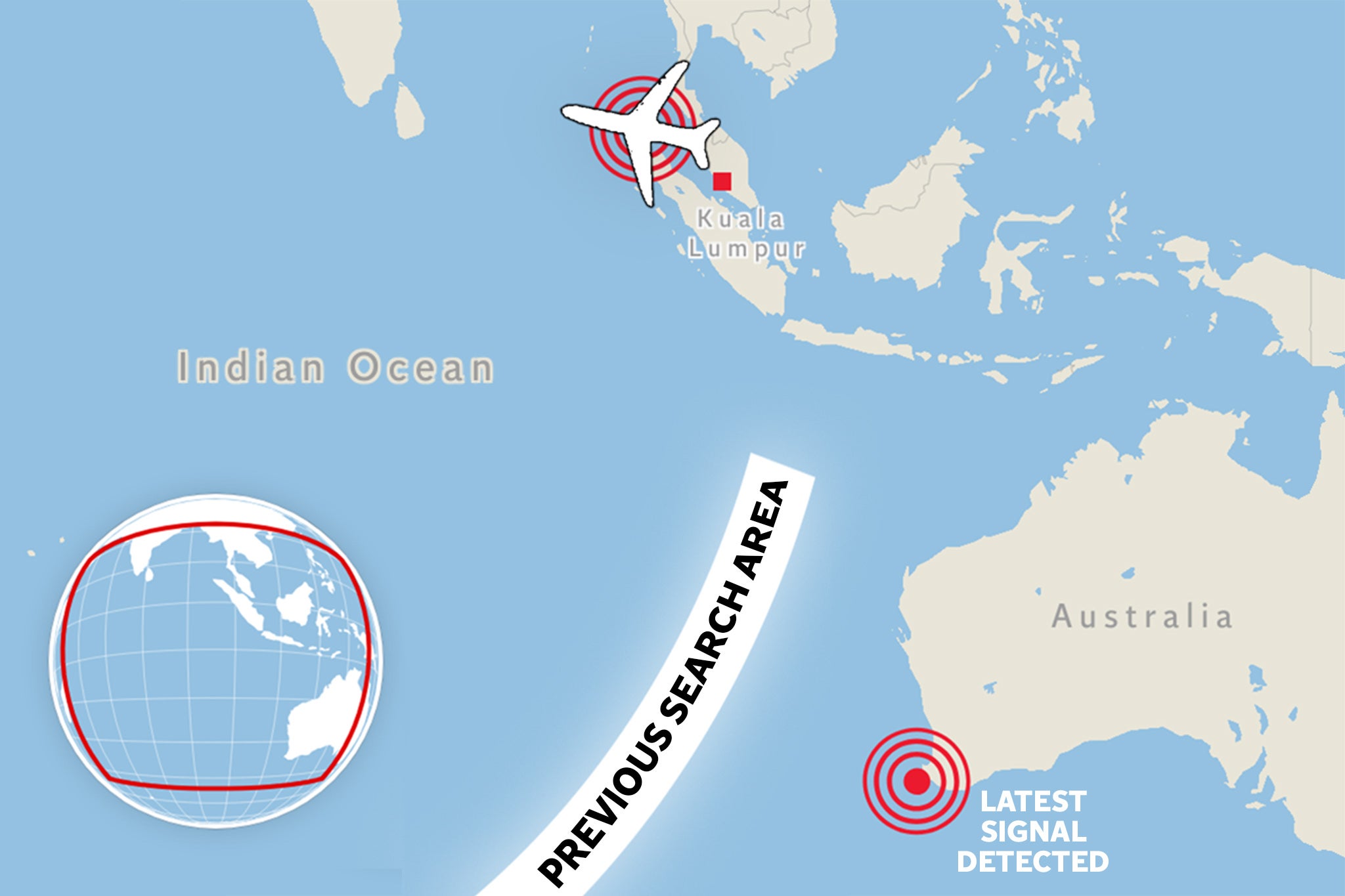 Map shows location of Malaysia Airlines MH370 last radar location. The general search area for the plane and the site of a new detected signal that Cardiff researchers discovered